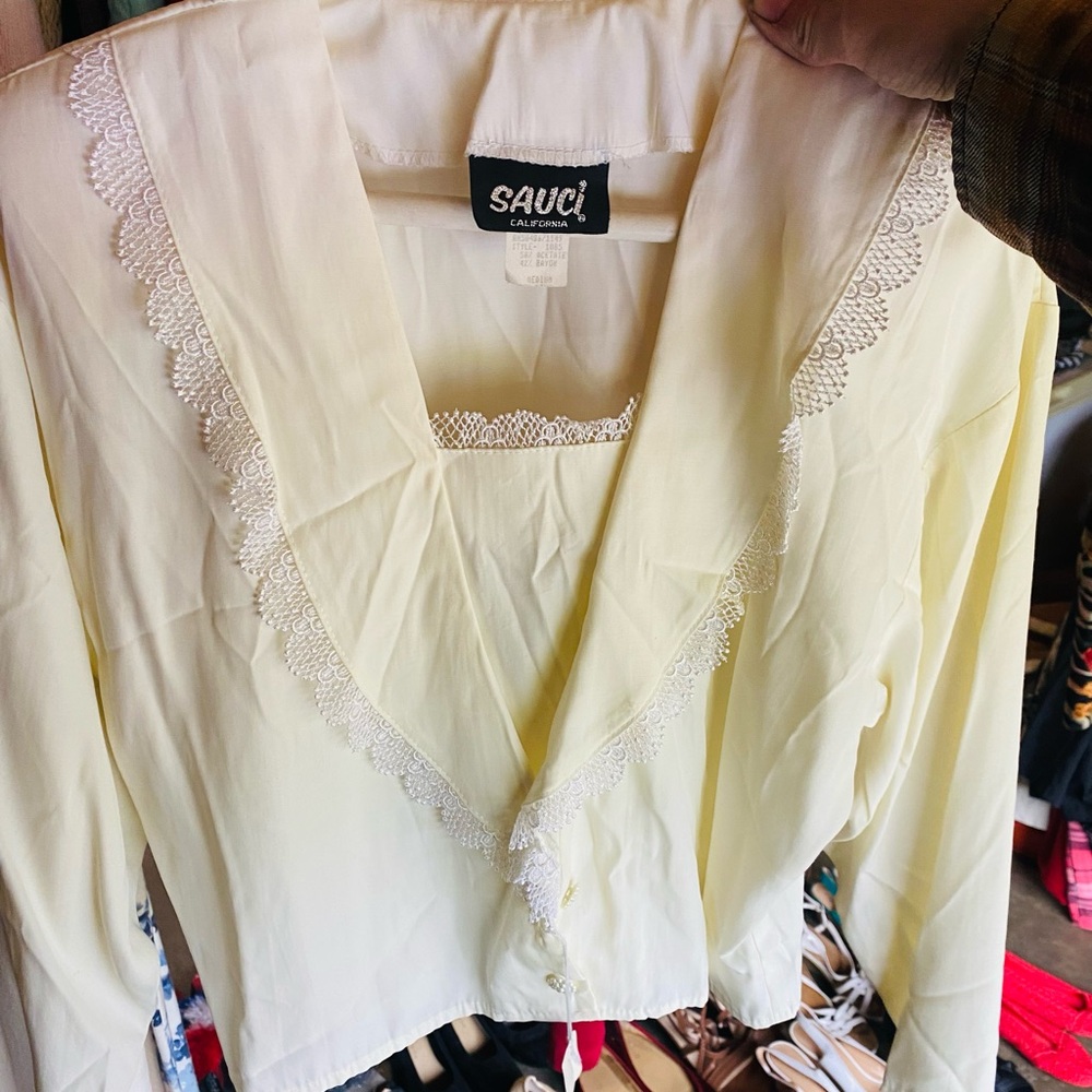 Cream Wrap Blouse with Ruffled Bib Collar